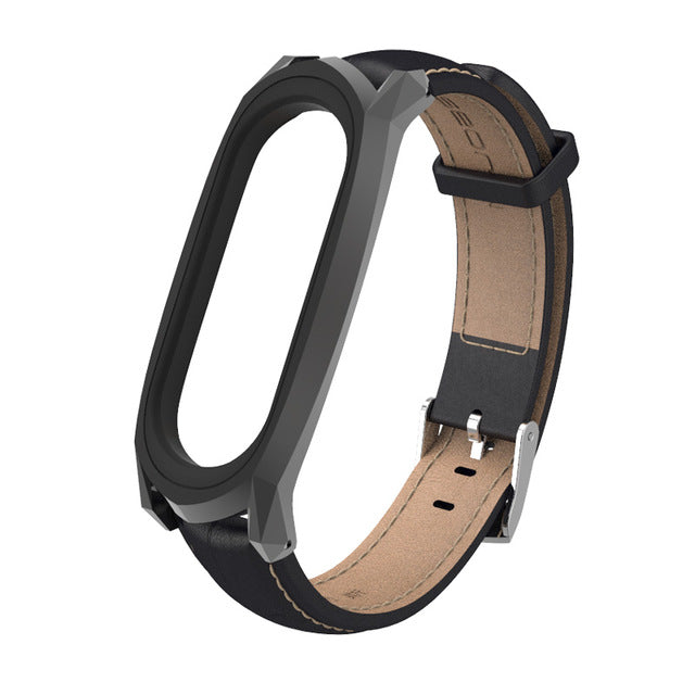 Mijobs Leather Watch Strap Replacement Watch Band for Xiaomi Mi band 3 Smart Watch