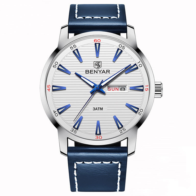 Benyar 5145 Fashion Men Watch Waterproof Automatic Week Display Leather Strap Quartz Watch