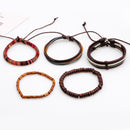 Retro Multilayer Wood Bead Bracelet Pendant Braided Leather Adjustable for Men