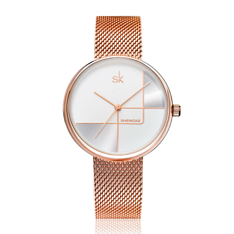 SHENGKE SK  K0105L Geometric Line Simple Needle Dial Women Full Steel Ladies Dress Luxury Quartz Watch