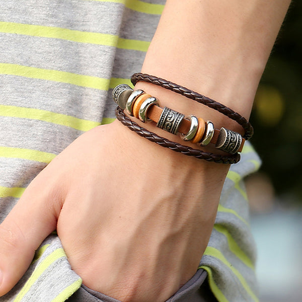 Vintage Leather Wave Braid Bracelet Beaded Multilayer Bracelet Ethnic Jewelry Unisex