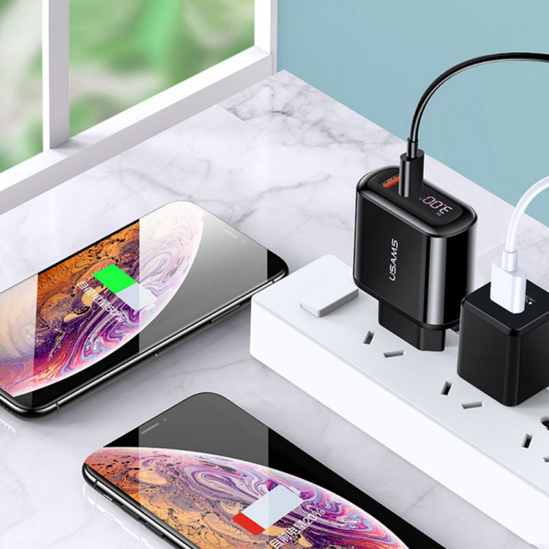 UASMS 18W QC3.0 PD Dual Port Digital Display Fast Charging Wall Charger Adapter For iPad Pro iPhone 8Plus XS 11 Pro Huawei P30 Pro Mate 30 5G Oneplus 7T Pro