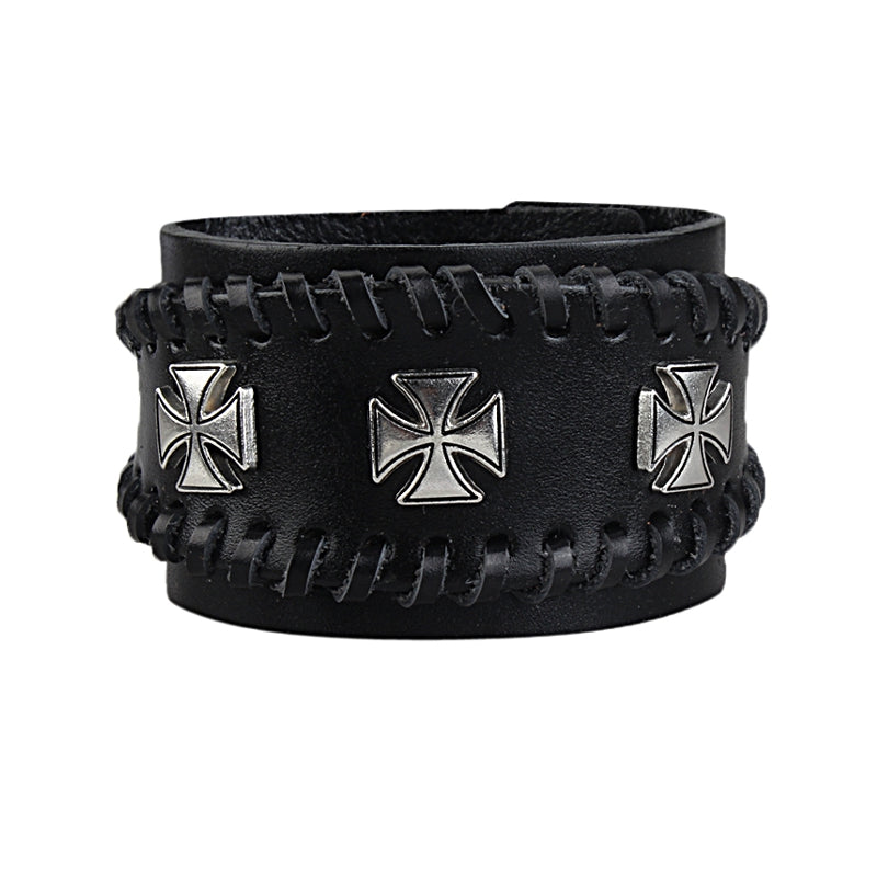 Punk Adjustable Zinc Alloy Cross Double Genuine Leather Bracelet for Men