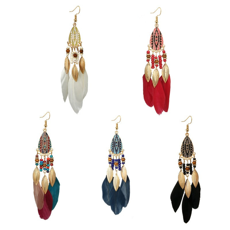 Bohemian Feather Drop Earrings Long-Style Tassels Earring Retro Women Ear Drop
