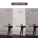 7W Metal LED Swing Arm Table Lamp with Clamp Stepless Dimming Magnifier Ring Reading Light 3 Color Temperature for Study