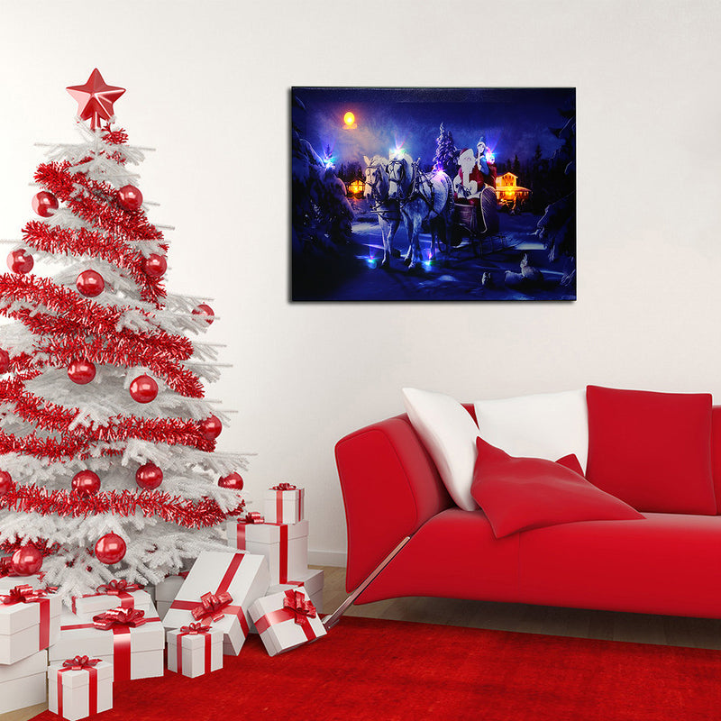 40 x 30cm Operated LED Christmas Santa Ride White Horse on Street Xmas Canvas Print Wall Art