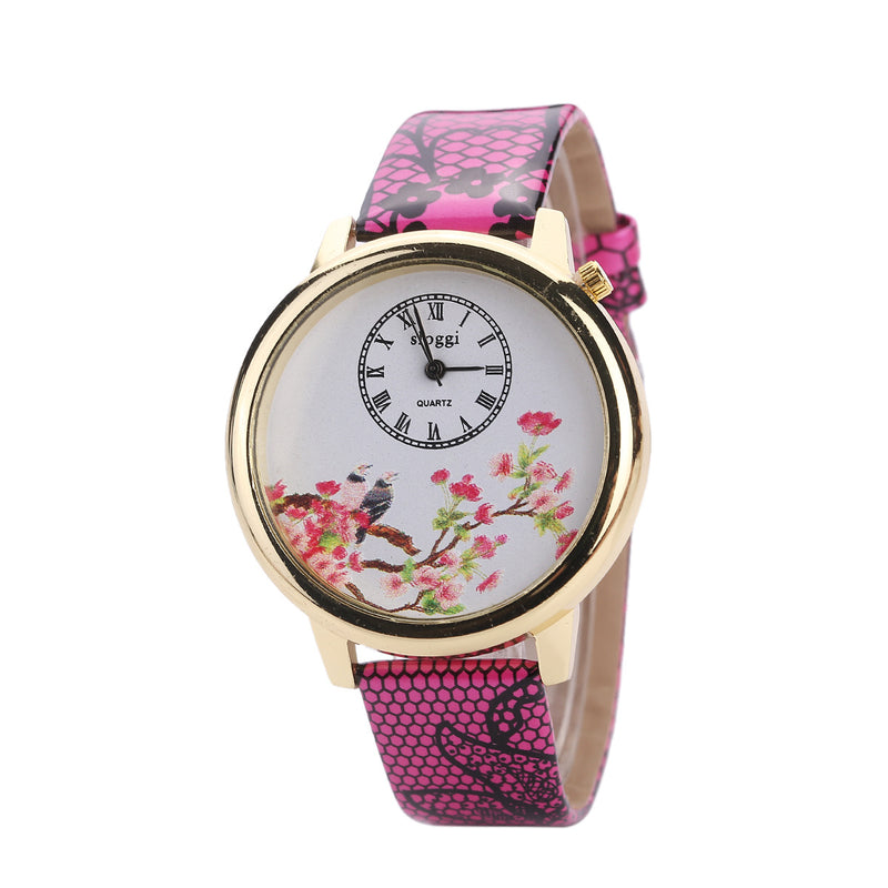 Flower and Bird Quartz Watch Casual Style Leather Strap Women Wrist Watches