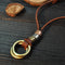 Vintage Geometric Metal Rings Pendant Necklace Handmade Cowhide Necklace Leather Rope Jewelry