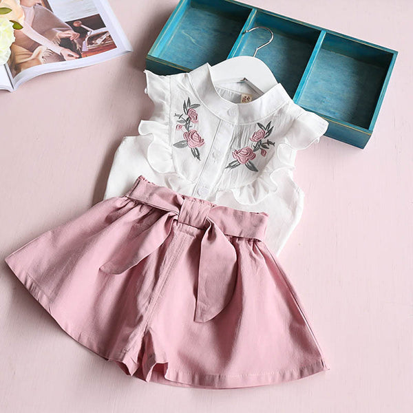 2PCS Summer Girls Clothing Set Floral Shirts+Short Kids Outfit Set For 2Y-9Y