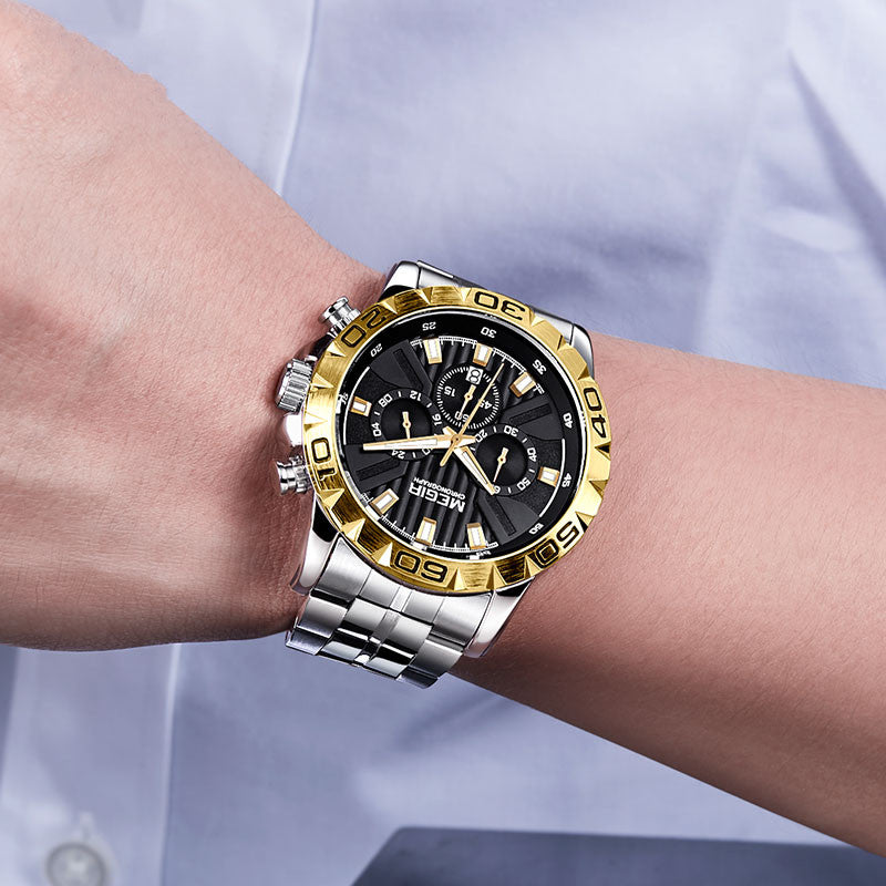 MEGIR 2087 Business Hardlex Mirror Luminous Waterproof Quartz Watch Stainless Steel Men Wrist Watch