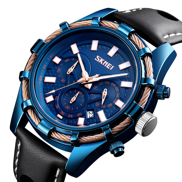 SKMEI 9189 Sports Luxury Leather Strap Luminous Waterproof Men Watch Quartz Watch