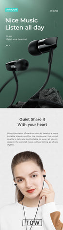 Joyroom JR-E209 Universal Metal Bass Earphone 3.5mm Wired Headphones with Mic for PC Phones