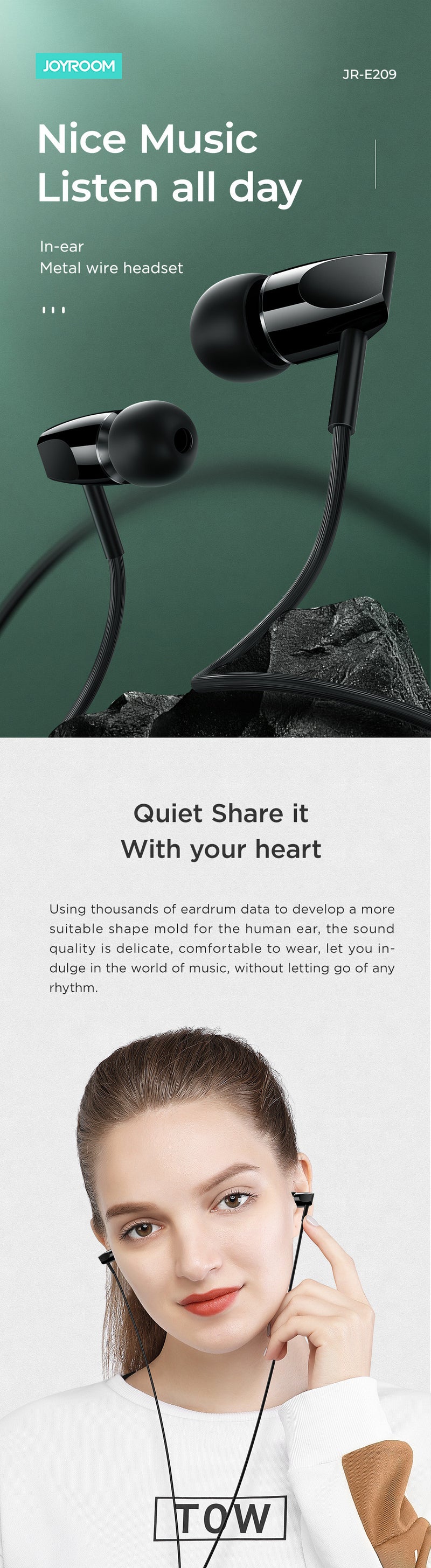 Joyroom JR-E209 Universal Metal Bass Earphone 3.5mm Wired Headphones with Mic for PC Phones