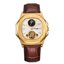 Gold Case Men Watch Moon Phase Business Style Leather Strap Automatic Mechanical Watch