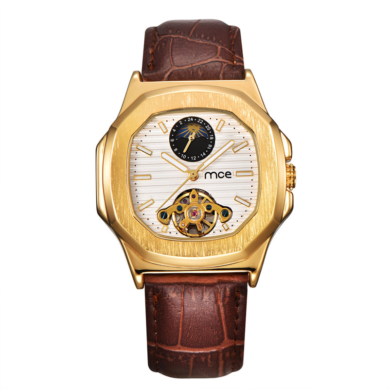 Gold Case Men Watch Moon Phase Business Style Leather Strap Automatic Mechanical Watch