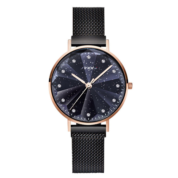 SINOBI 9793 Star Crystal Luxury Petal Shape Cutting Dial Women Full Steel Fashion Quartz Watch