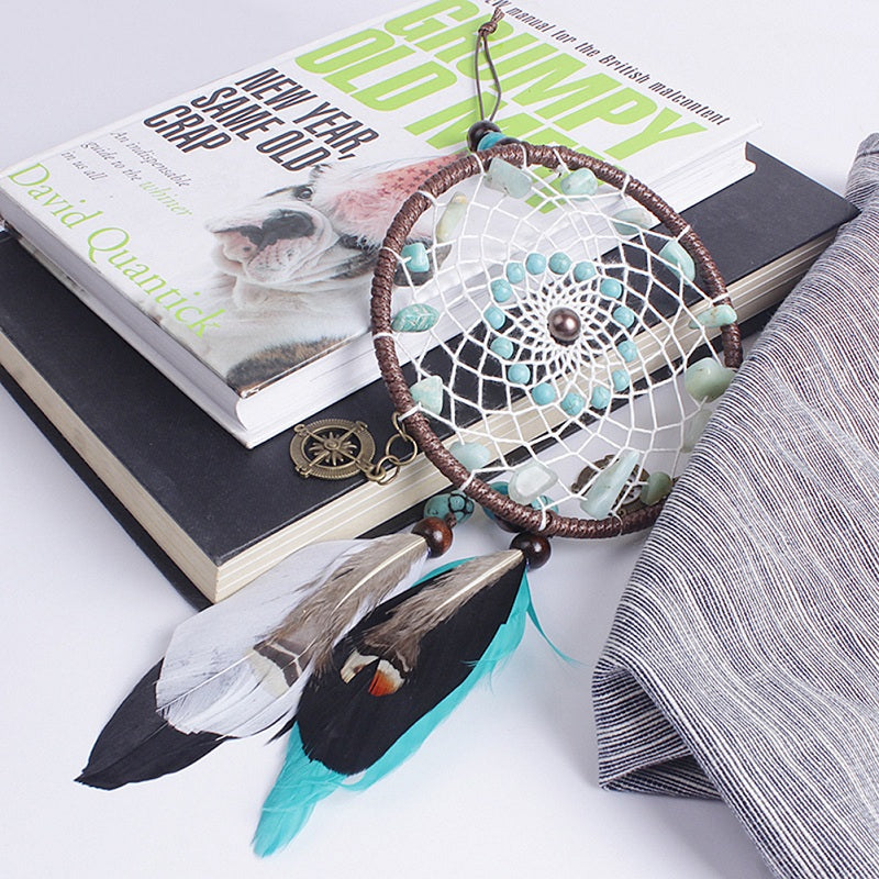 Green Beads Dream Catcher Wind Chimes Lace Style Feather Pendant Ornaments Handmade Decorations