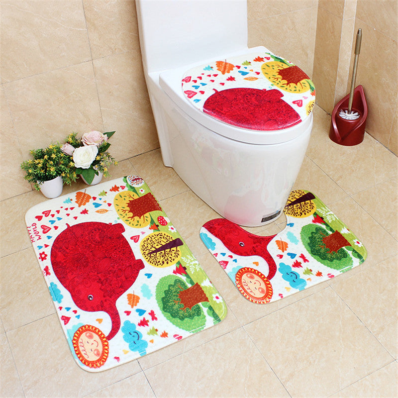 3Pcs Bathroom Cartoon Flannel Toilet Pad Digital Printed PVC Latex Bottom Anti-slip Floor Mat Set