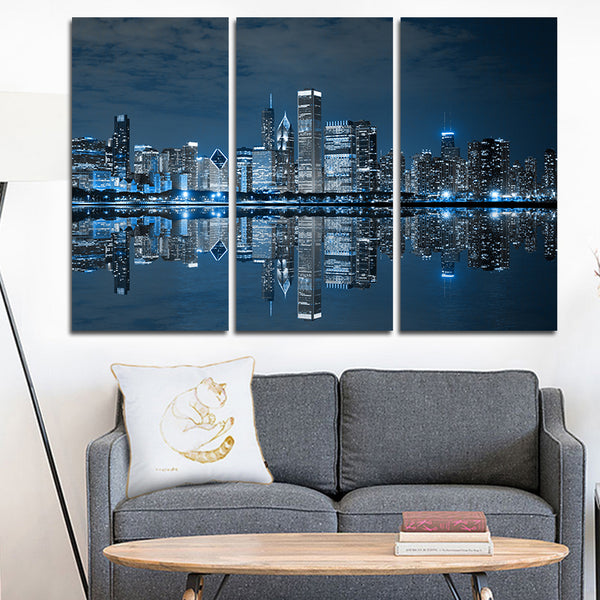 Miico Hand Painted Three Combination Decorative Paintings Harbor Night Wall Art For Home Decoration