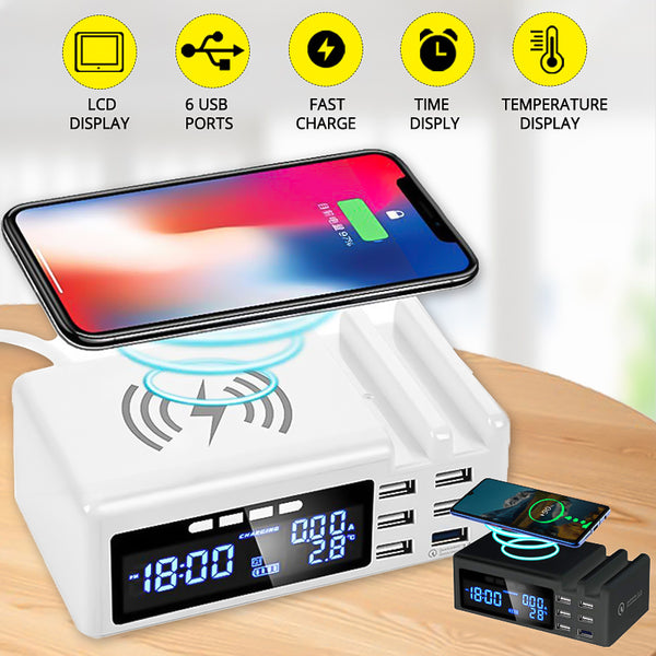 Qi Wireless Phone Charger QC3.0 Smart LCD Clock 48W 5 Ports 2.1A Adapter Temperature Display Desktop Charging Station For iPhone Adapter+TypeC