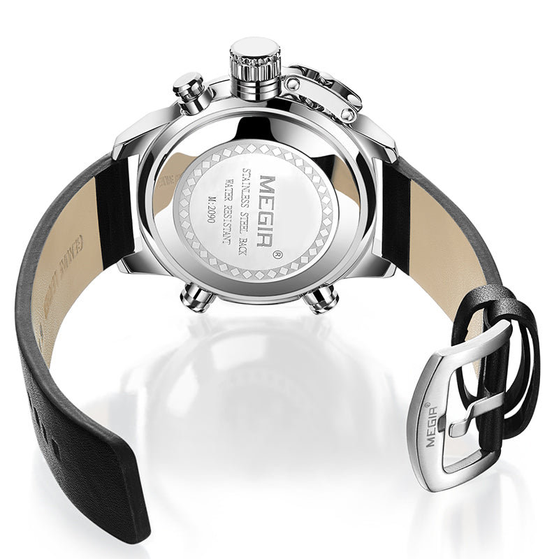 MEGIR 2090 Fashion Men Digital Watch Chronograph Luminous Display Waterproof Leather Strap Dual Display Watch