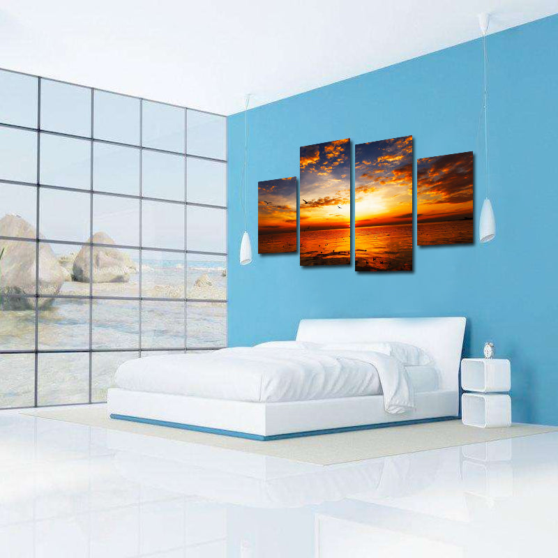 Miico Hand Painted Four Combination Decorative Paintings Sea Sunset Wall Art For Home Decoration