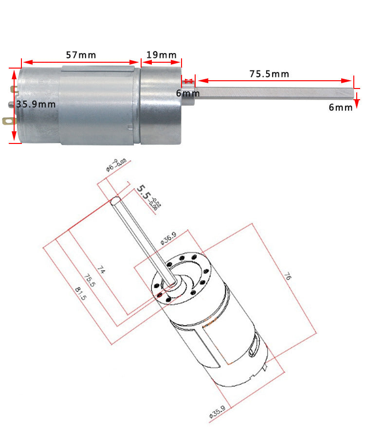 37GB555 DC 12/24V Micro Gear Reduction Motor 130RPM 75.5mm Extended Shaft Gear Motor