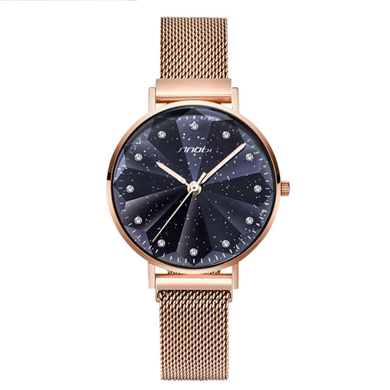 SINOBI 9793 Star Crystal Luxury Petal Shape Cutting Dial Women Full Steel Fashion Quartz Watch