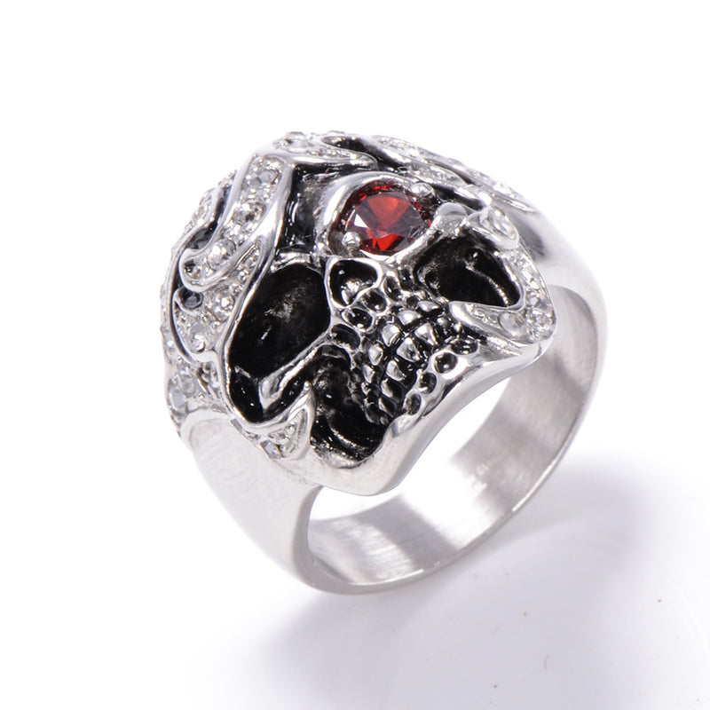 Halloween Fashion Jewelry Stainless Steel Skull Head Zircon Ring for Men