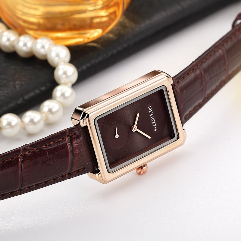 REBIRTH RE203 Square Dial Women Wrist Watch Elegant Design Leather Band Quartz Watches