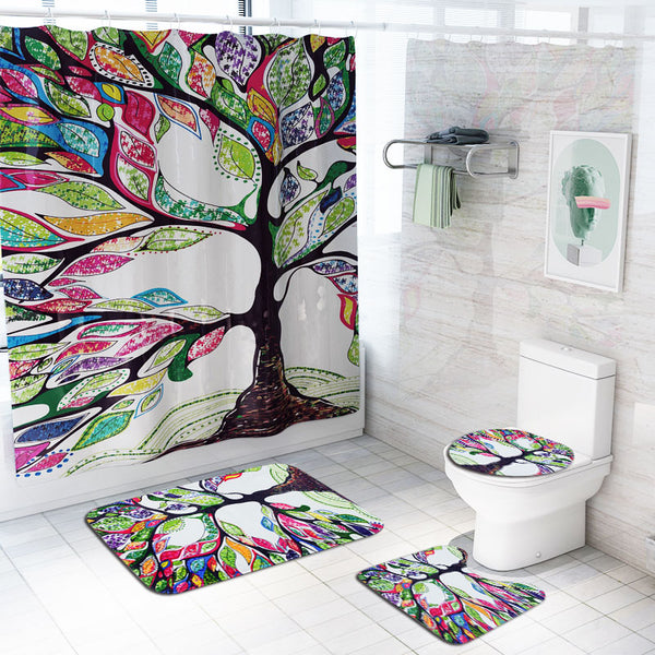 Tree Pattern Prints Bathroom Shower Curtain Non Slip Toilet Lid Cover Rugs Mat