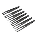 7pcs Black Plastic Antistatic Flat Bottomed Top End Tweezers Hand Tools Set I9W9