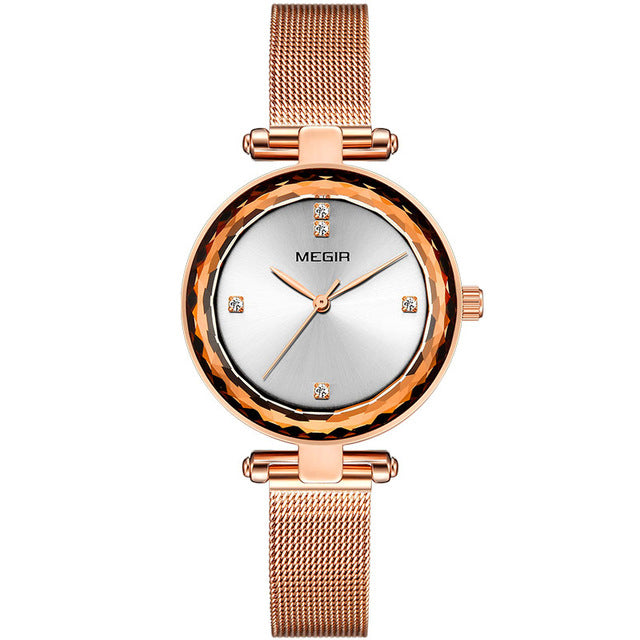 MEGIR 4211 Diamond Waterproof Casual Style Women Watch Milanese Steel Quartz Watches