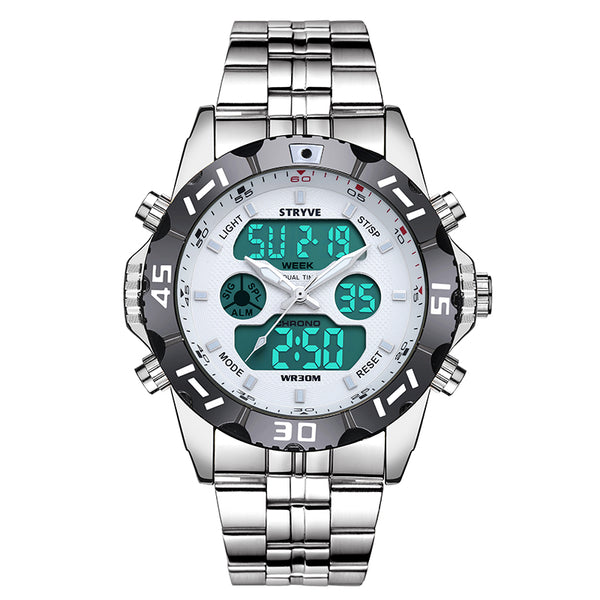 STRYVE S8011 Chronograph Alarm Calendar Stainless Steel Sport Dual Display Digital Watch