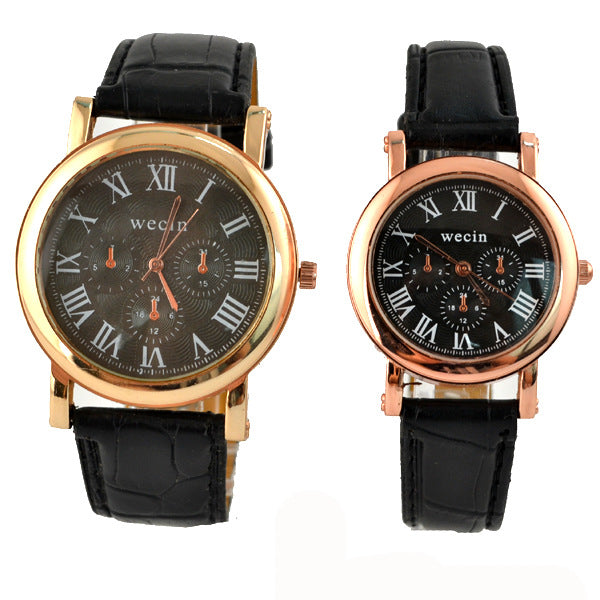 Wecin 9003 PU Leather Roman Number Band Analog Quartz Couples Watch