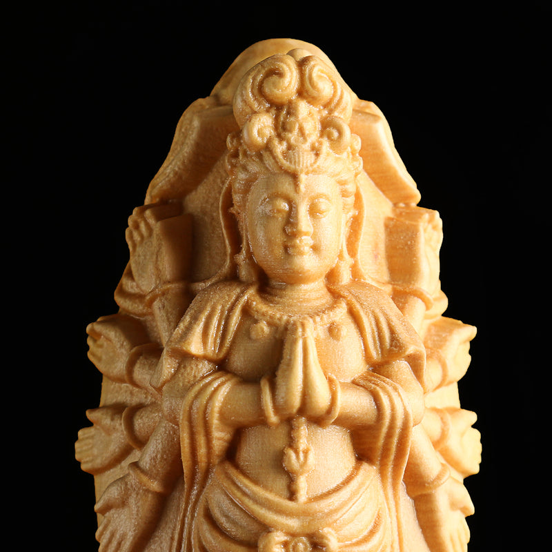 Boxwood Wood Carving Kwan-yin Statue Bodhisattva Sculpture Pendant