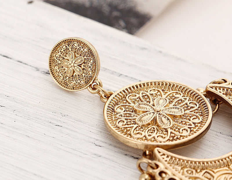 Retro Ethnic Tassel Alloy Flower Moon Drop Dangle Earring Jewelry for Women