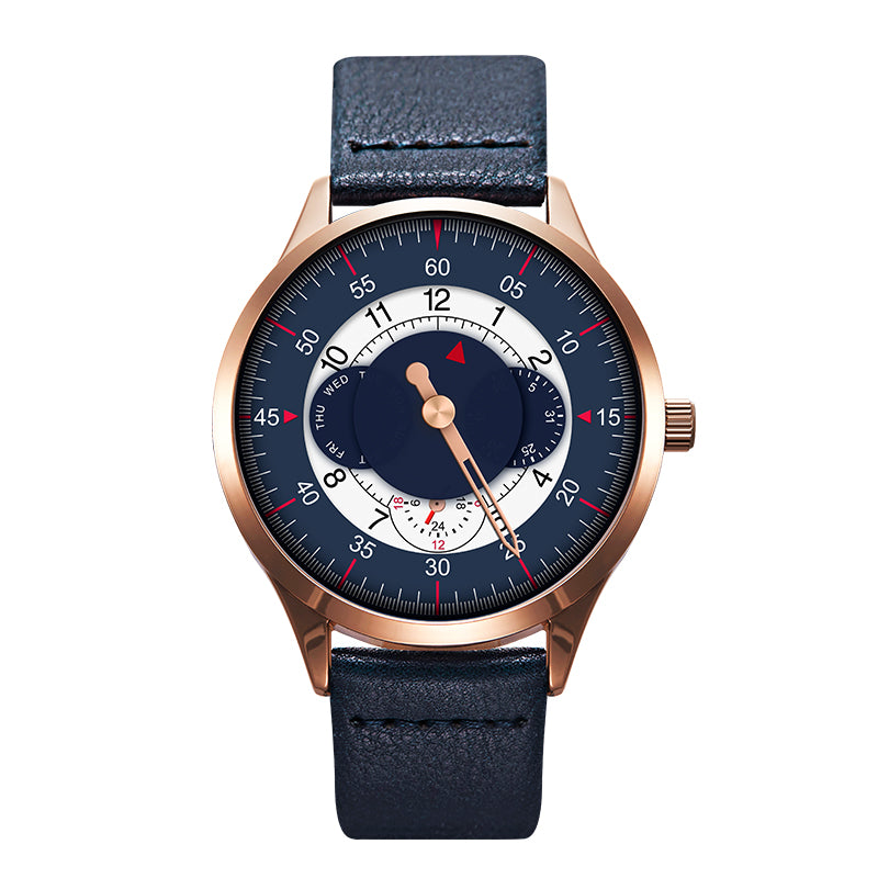 SINOBI 9815 Fashion Leather Strap Men Creative Dial Week Display 24Hour Quartz Watch