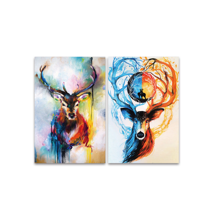 Miico Hand Painted Combination Decorative Paintings Animal Deer Wall Art For Home Decoration