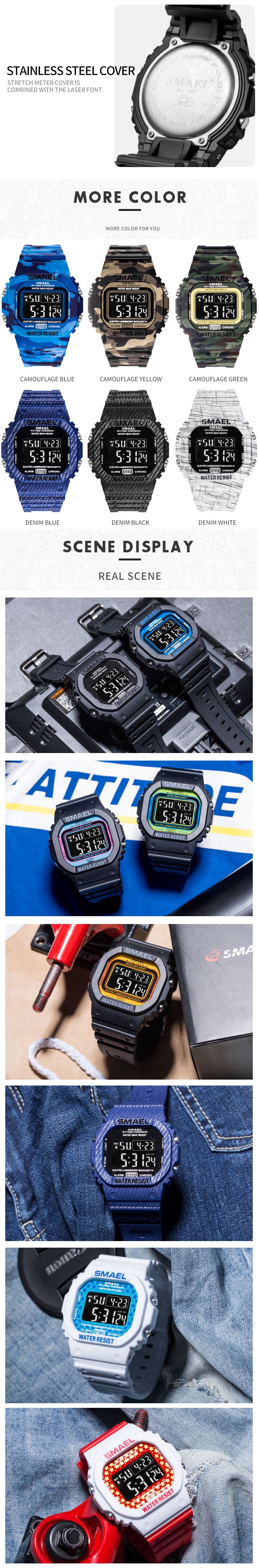 SMAEL 1801 Men Camouflage Cowboy Style Luminous 5ATM Waterproof Digital Watch