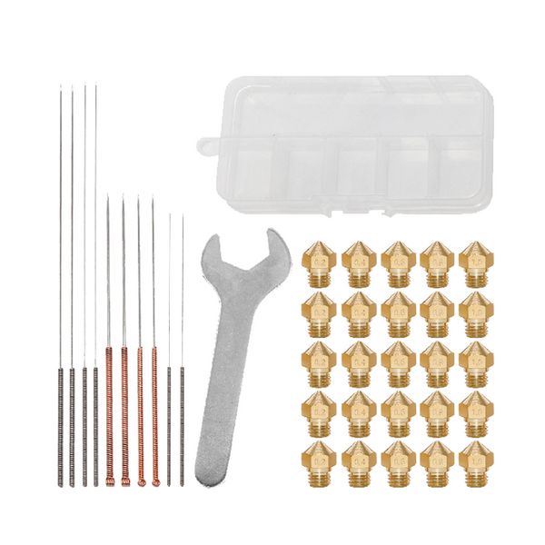 One Box MK10 Brass Nozzle and Maintenance Kit 25Pcs 0.2-1.0mm Nozzle with 25Pcs Cleaning Needle + Opening Stamping Wrench for 3D Printer