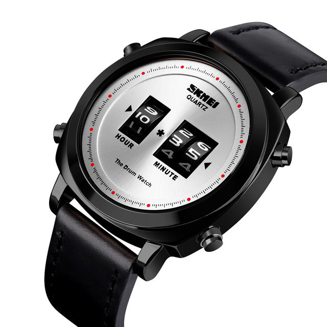 SKMEI 1519 Creative Rolling Time Display Leather Strap 30M Waterproof Men Watch Quartz Watch