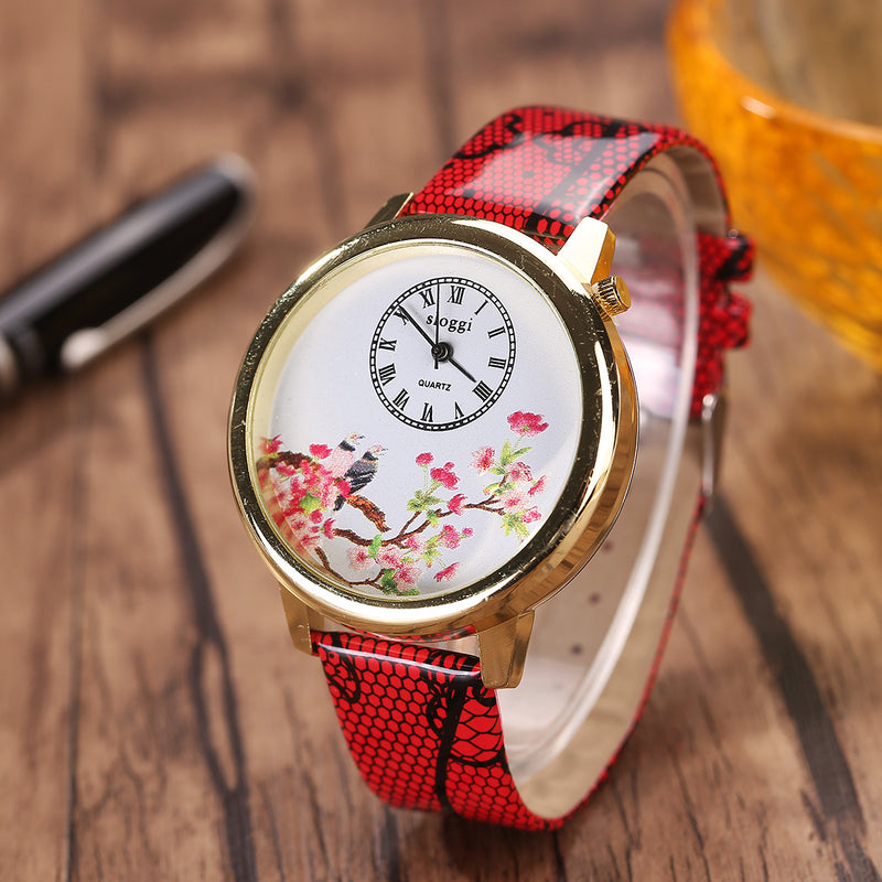 Flower and Bird Quartz Watch Casual Style Leather Strap Women Wrist Watches