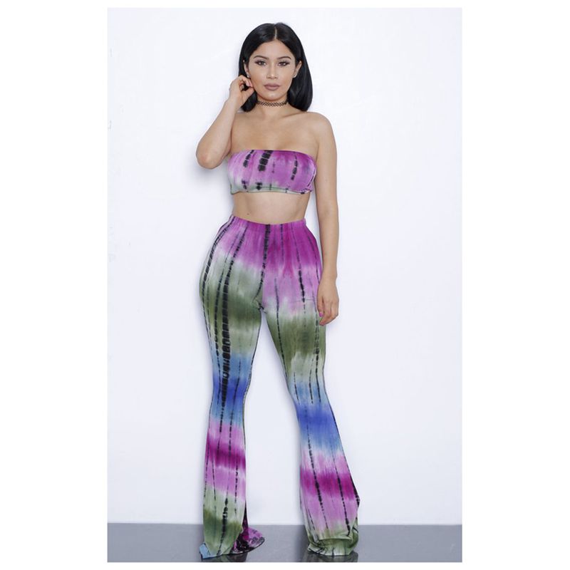 Women's tie dye print sleeveless Tops + Flare pants 2 pieces sets(PURPLE,XL D3U4