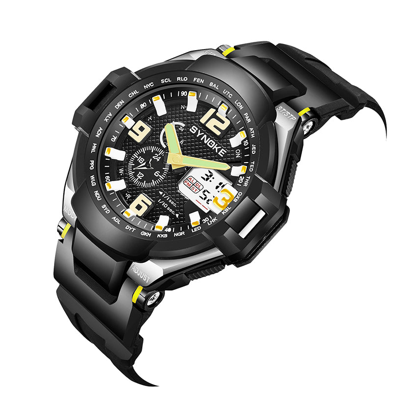 SYNOKE 67606 5ATM Waterproof Men Fashion Luminous Display Stopwatch Watch Dual Display Digital Watch