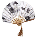 Chinese Gray Peony Blossom Fabric Bamboo Folding Dancing Hand Fan White U3J5
