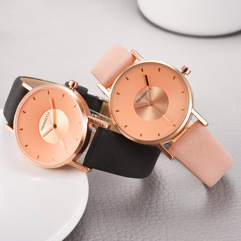 REBIRTH RE055 Rose Gold Case Women Wrist Watch Casual Style Gift Leather Strap Quartz Watches
