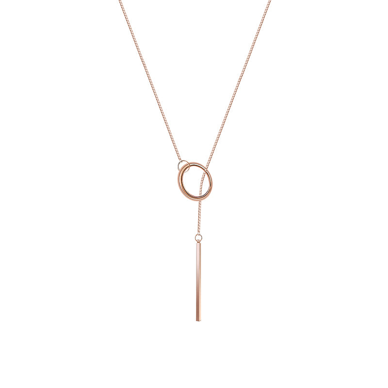 Elegant Rose Gold Plated Unique Bar and Circle Pendant Long Necklace Jewelry for Women