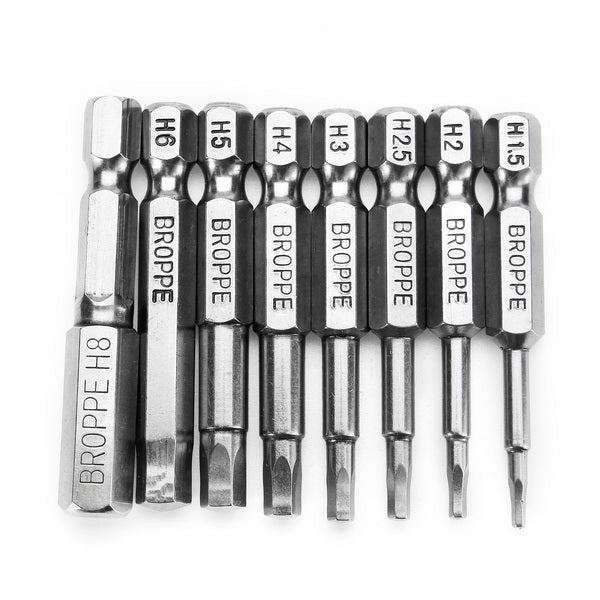 Broppe 8pcs 50mm H1.5-H8 Hex Head Screwdriver Bit 1/4 Inch Hex Shank Magnetic Screwdriver Bits