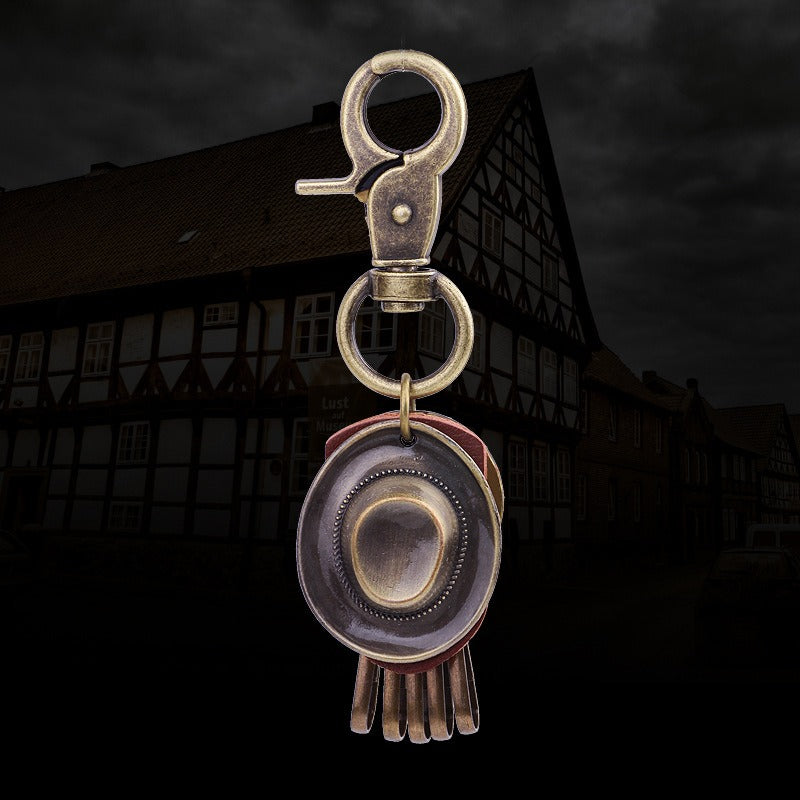 Retro Punk Hat Car Keychain Leather Pendant Keychain Bronze Metal Keychain